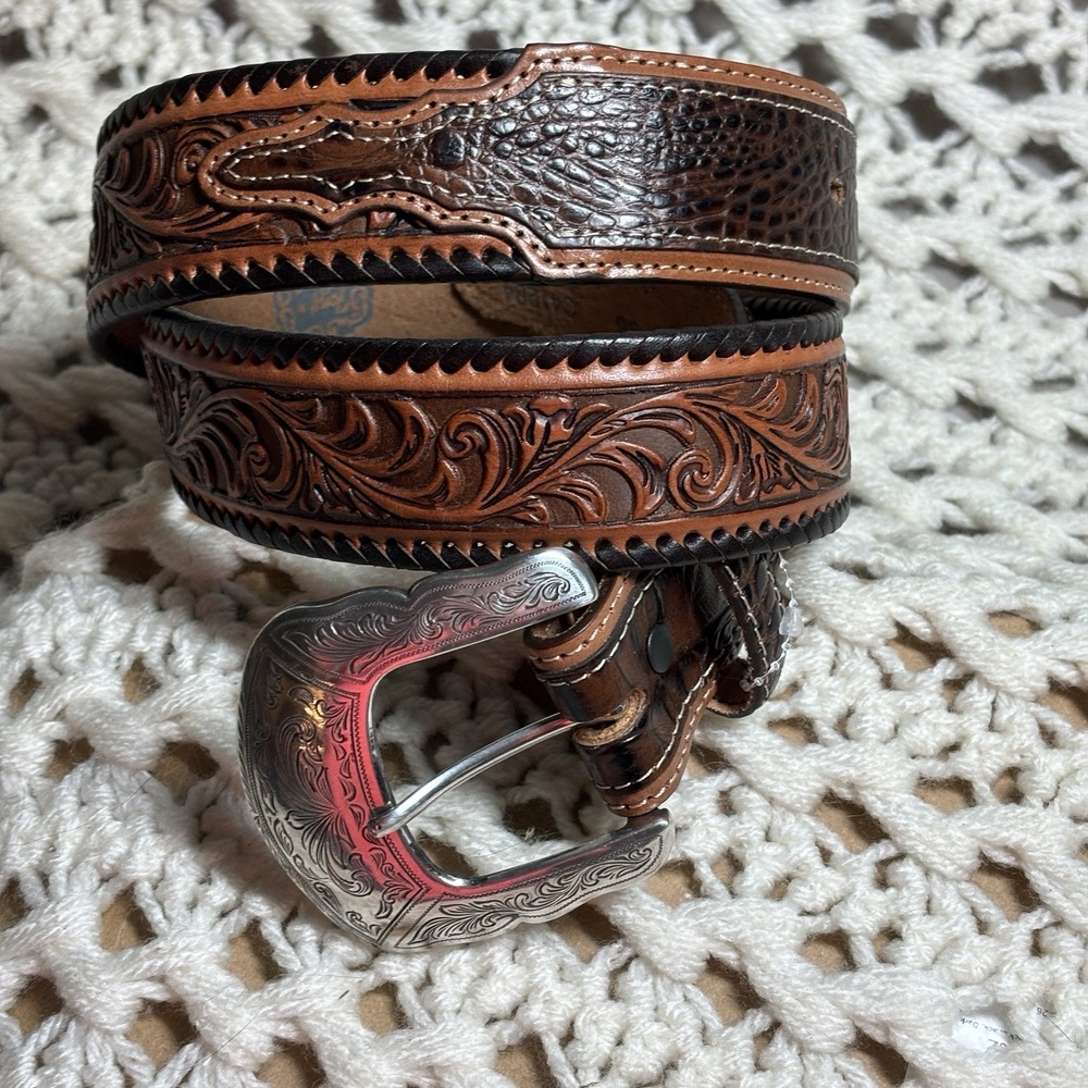 Tony Lama Leather Belt Western Two Toned Handtooled Sz 36 NWOT